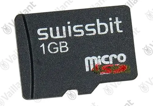 Vaillant Speicherkarte in schwarz, microSD, mit der Aufschrift "swissbit 1GB". Die Karte hat die charakteristische Form und ist für die Verwendung in elektronischen Geräten gedacht.